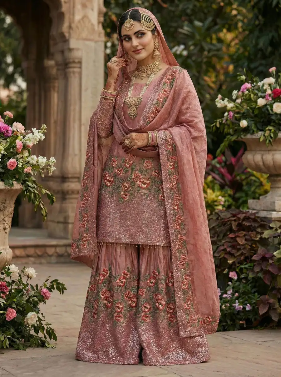 MODERN FENDY SILK EMBROIDERY SEQUENCE WORK WITH HAND WORK TOP SHARARA WITH DUPATTA FESTIVE WEAR WHOLESALE PRICE ETHNIC GARMENT (9)
