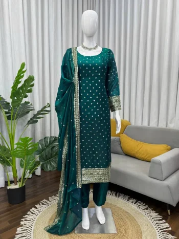 MODERN FENDY SILK THREAD & SEQUENCE WORK TOP BOTTOM WITH DUPATTA GREEN