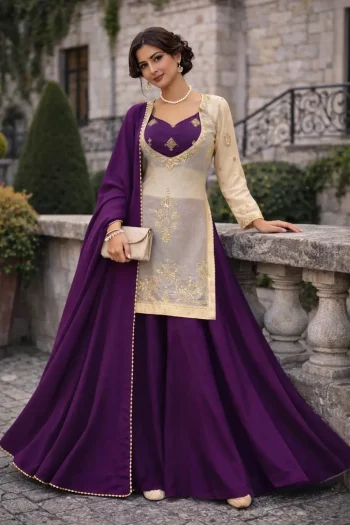 MODERN FENDY SILK TOP CHOLI WITH PALAZZO AND DUPATTA PURPLE