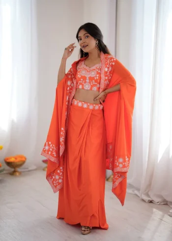 MODERN FRENCH CREPE WESTERN DHOTI SHRUG WITH UNSTITCHED CHOLI ORANGE
