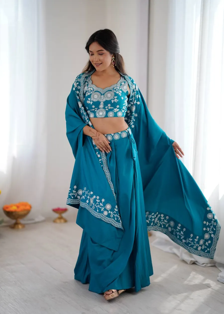 MODERN FRENCH CREPE WESTERN DHOTI SHRUG WITH UNSTITCHED CHOLI PARTY WEAR WHOLESALE PRICE ETHNIC GARMENT (1)