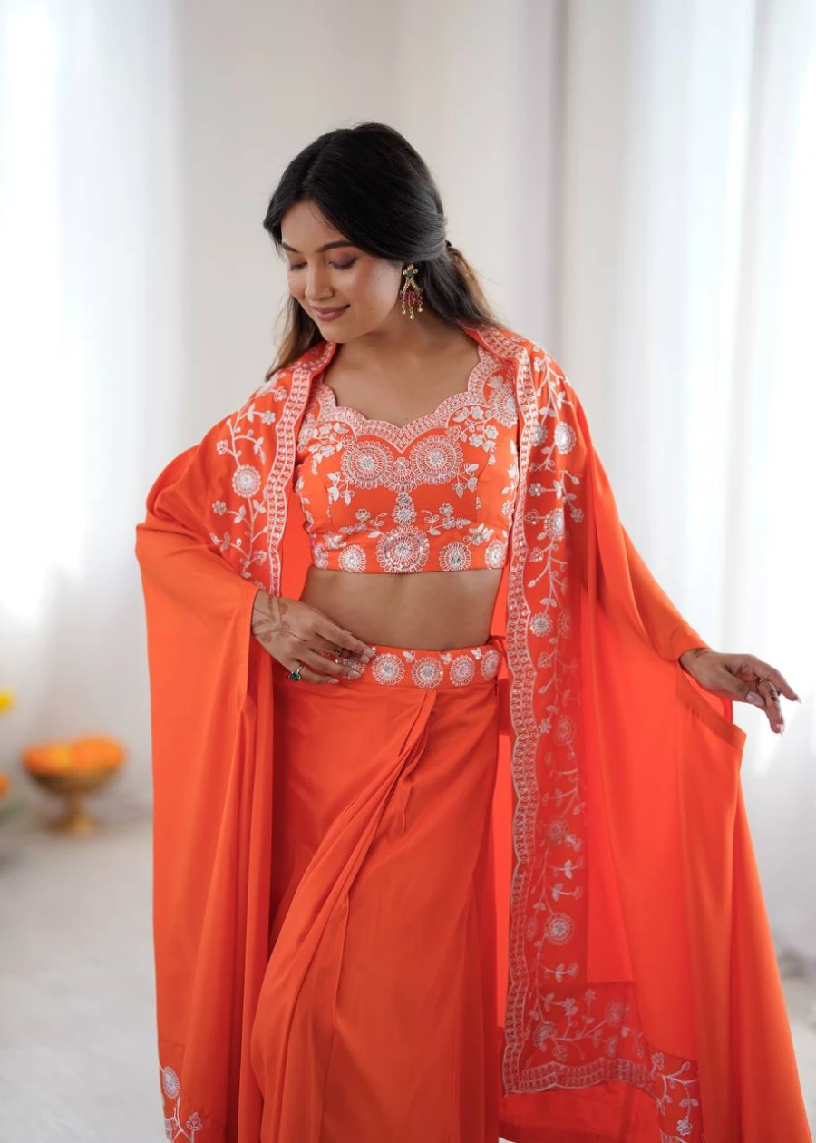 MODERN FRENCH CREPE WESTERN DHOTI SHRUG WITH UNSTITCHED CHOLI PARTY WEAR WHOLESALE PRICE ETHNIC GARMENT (10)