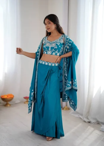 MODERN FRENCH CREPE WESTERN DHOTI SHRUG WITH UNSTITCHED CHOLI RAMA