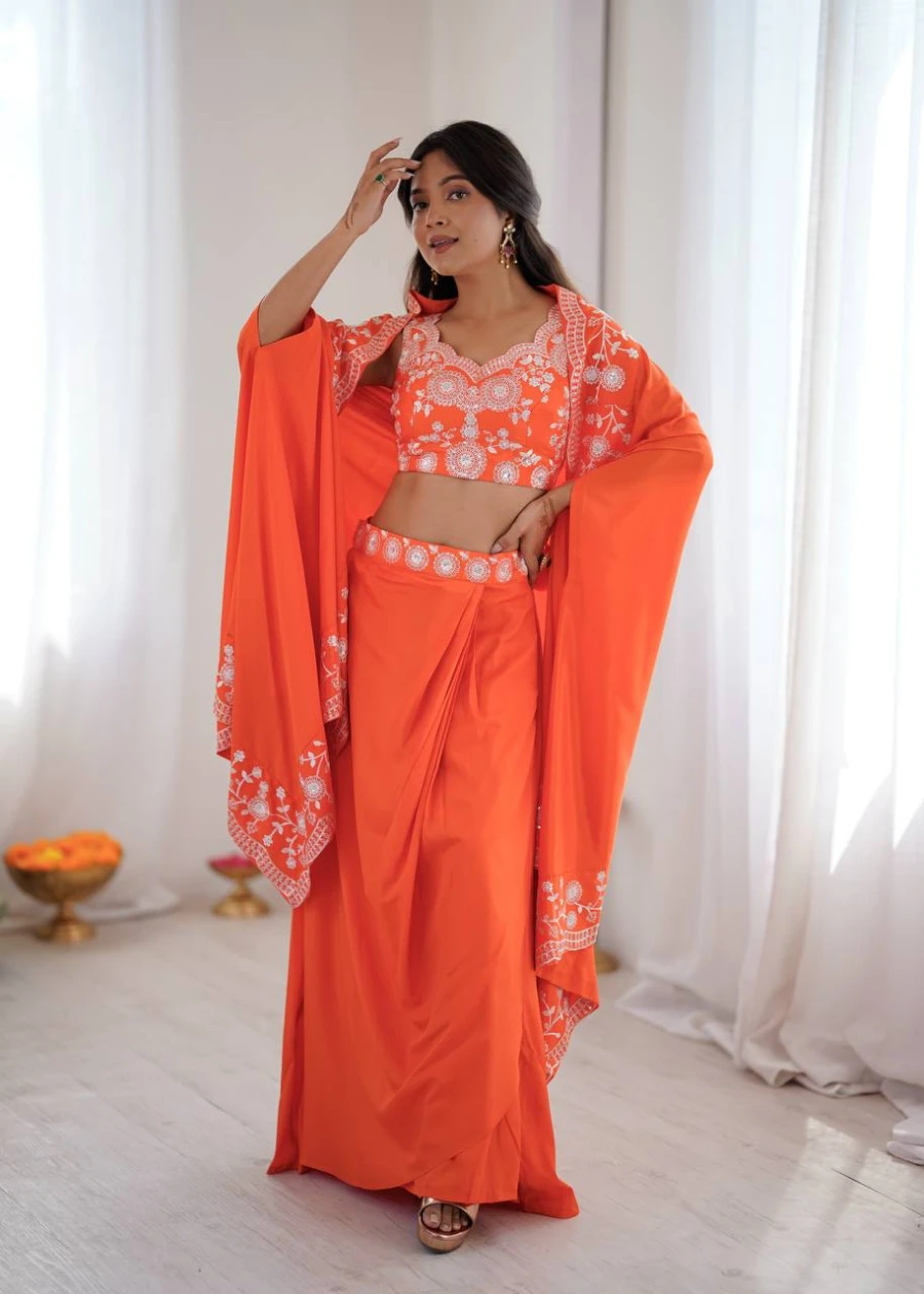 MODERN FRENCH CREPE WESTERN DHOTI SHRUG WITH UNSTITCHED CHOLI PARTY WEAR WHOLESALE PRICE ETHNIC GARMENT (3)
