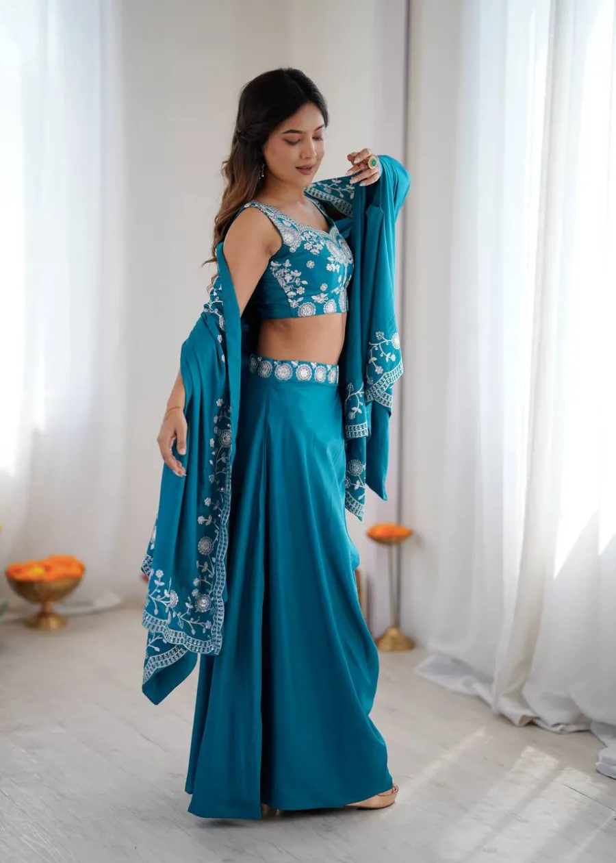MODERN FRENCH CREPE WESTERN DHOTI SHRUG WITH UNSTITCHED CHOLI PARTY WEAR WHOLESALE PRICE ETHNIC GARMENT (3)