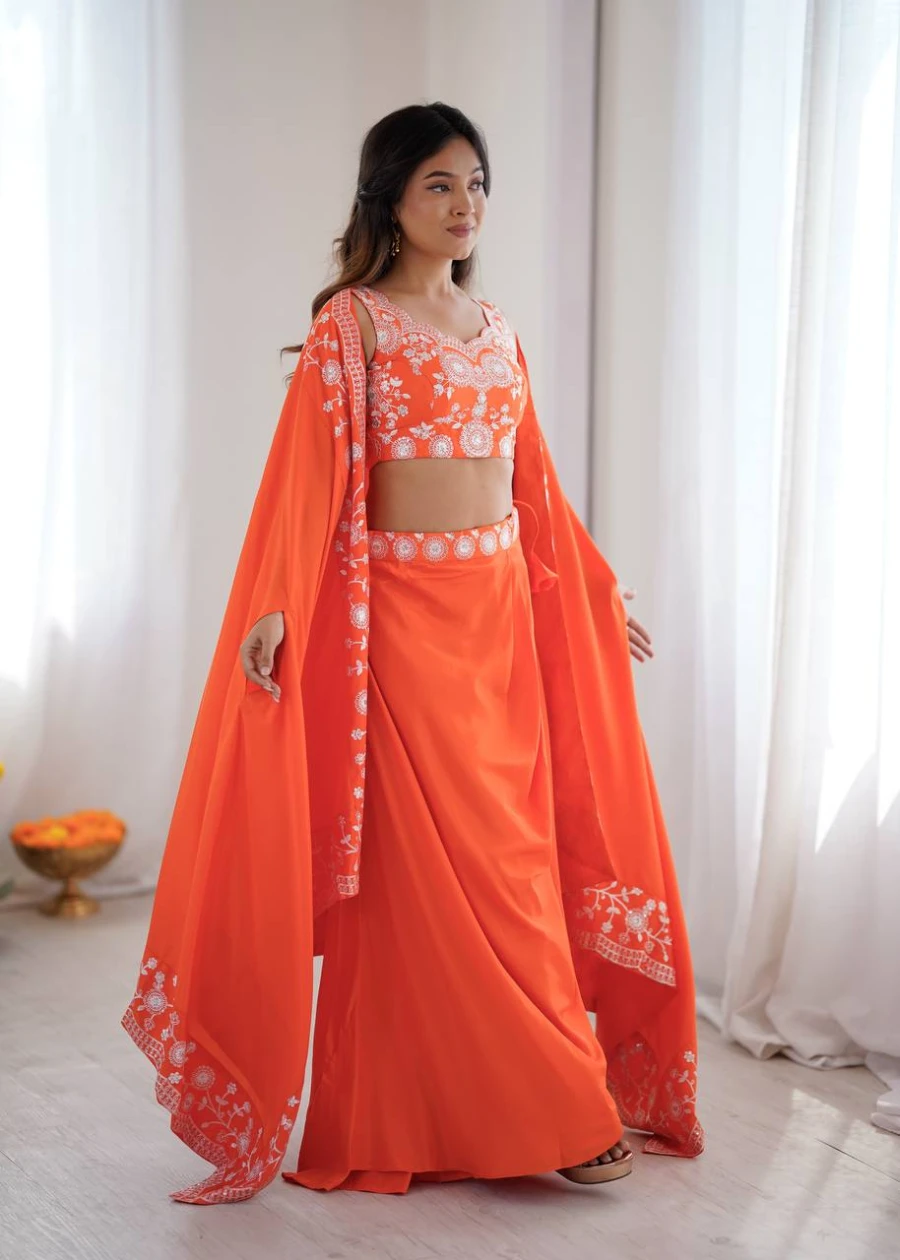 MODERN FRENCH CREPE WESTERN DHOTI SHRUG WITH UNSTITCHED CHOLI PARTY WEAR WHOLESALE PRICE ETHNIC GARMENT (5)