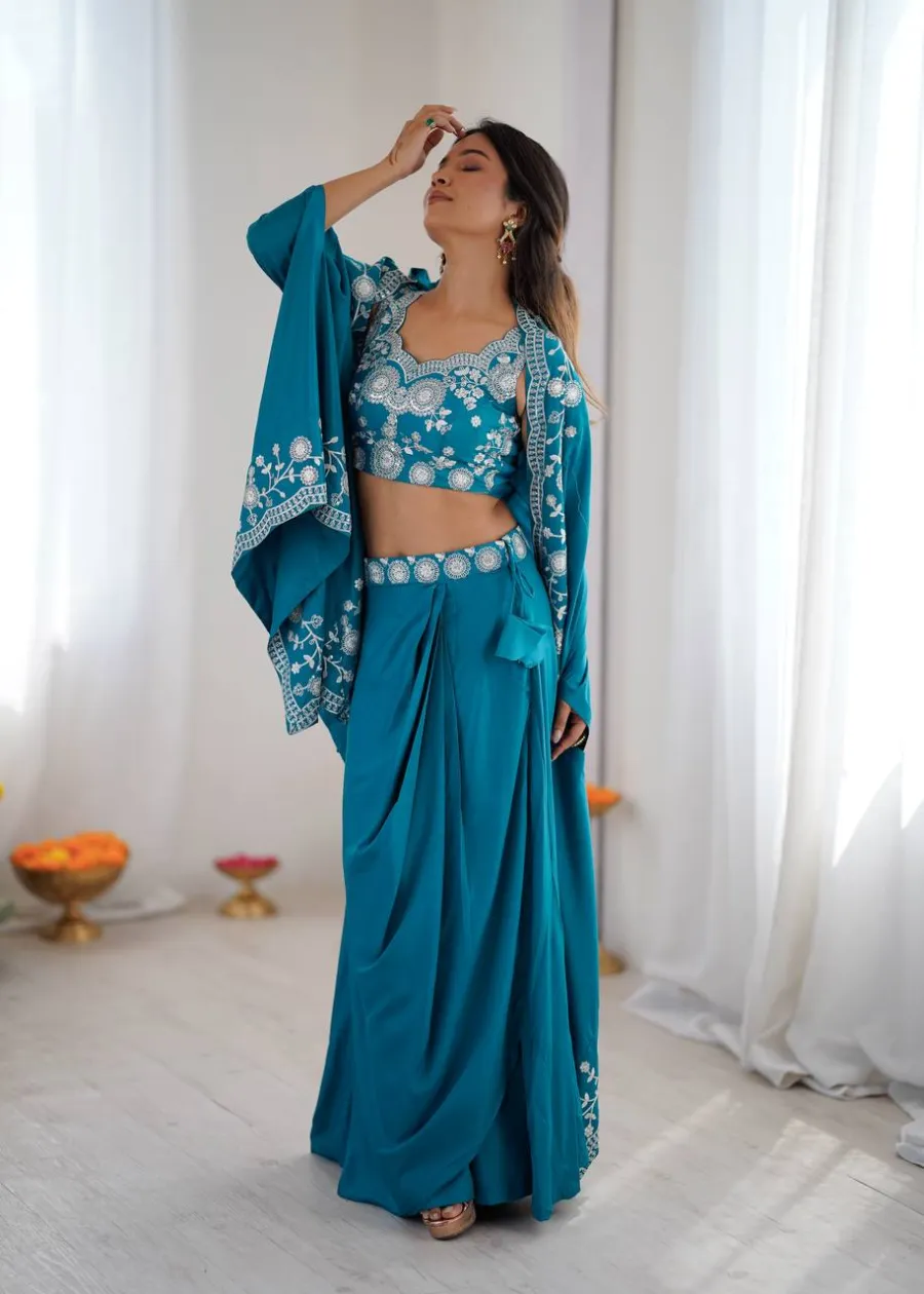MODERN FRENCH CREPE WESTERN DHOTI SHRUG WITH UNSTITCHED CHOLI PARTY WEAR WHOLESALE PRICE ETHNIC GARMENT (6)