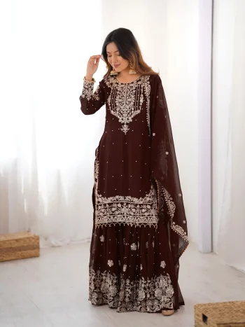 MODERN GEORGETTE CODING DORI EMBROIDERY WITH SEQUENCE & THREAD AND PEARL WORK TOP SHARARA WITH DUPATTA COFFEE