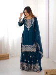 MODERN GEORGETTE CODING DORI EMBROIDERY WITH SEQUENCE & THREAD AND PEARL WORK TOP SHARARA WITH DUPATTA TEAL