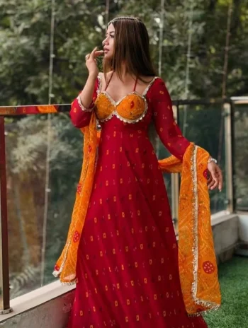MODERN GEORGETTE DIGITAL PRINT WITH REAL MIRROR WORK GOWN BOTTOM WITH DUPATTA RED AND YELLOW
