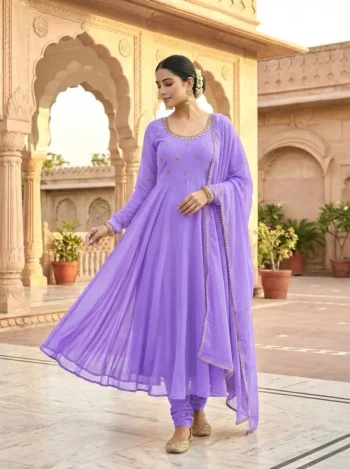 MODERN GEORGETTE HAND MIRROR EMBROIDERY WORK GOWN BOTTOM WITH DUPATTA LAVENDER