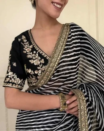 MODERN GEORGETTE LEHERIYA PRINT WITH SEQUENCE AND CODING EMBROIDERY WORK SAREE WITH UNSTITCHED BLOUSE BLACK