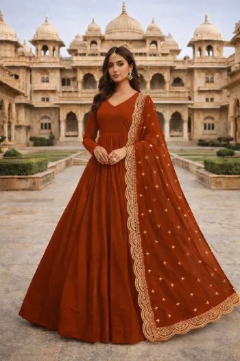 MODERN GEORGETTE PLAIN GOWN WITH EMBROIDERY SEQUENCE WORK DUPATTA ORANGE