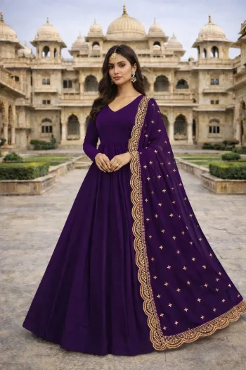 MODERN GEORGETTE PLAIN GOWN WITH EMBROIDERY SEQUENCE WORK DUPATTA PURPLE
