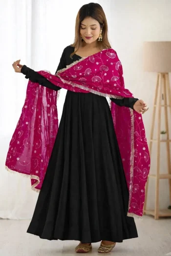 MODERN GEORGETTE PLAIN GOWN WITH EMBROIDERY WORK DUPATTA BLACK AND PINK