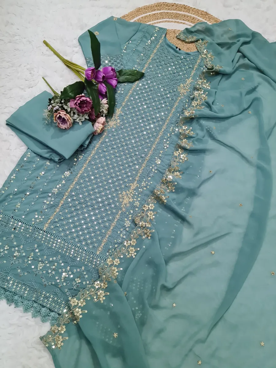 MODERN GEORGETTE SEQUENCE CODING EMBROIDERY WORK TOP BOITTOM WITH DUPATTA FESTIVE WEAR WHOLESALE PRICE ETHNIC GARMENT (1)