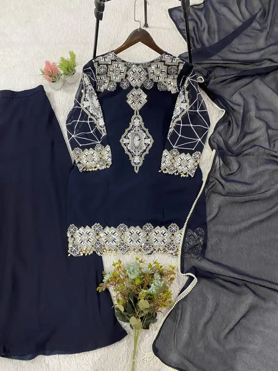 MODERN GEORGETTE SEQUENCE EMBROIDERY WORK TOP PALAZZO WITH DUPATTA FESTIVE WEAR WHOLESALE PRICE ETHNIC GARMENT (1)