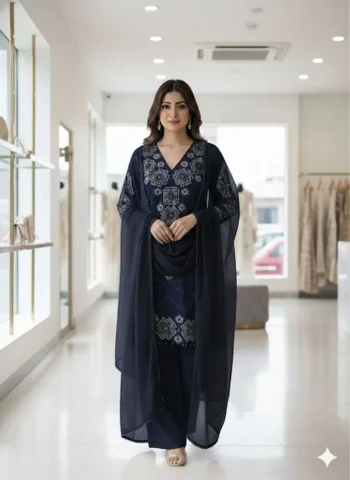 MODERN GEORGETTE SEQUENCE EMBROIDERY WORK TOP PALAZZO WITH DUPATTA NAVY BLUE