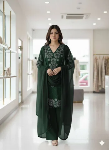 MODERN GEORGETTE SEQUENCE EMBROIDERY WORK TOP PALAZZO WITH DUPATTA DARK GREEN