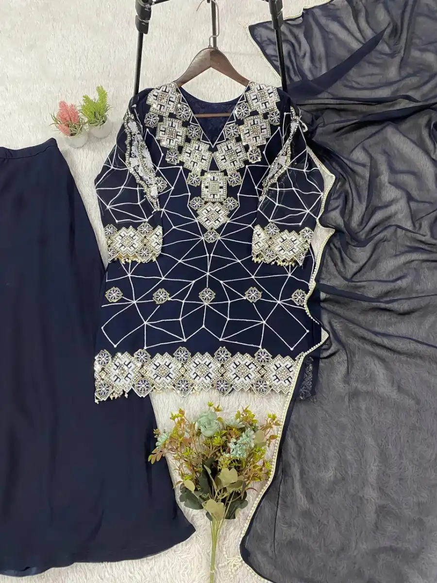 MODERN GEORGETTE SEQUENCE EMBROIDERY WORK TOP PALAZZO WITH DUPATTA FESTIVE WEAR WHOLESALE PRICE ETHNIC GARMENT (5)
