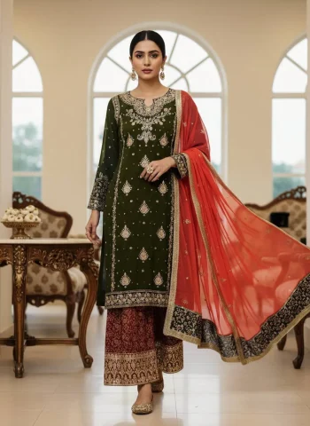 MODERN GEORGETTE SEQUENCE WITH ZARI EMBROIDERY WORK WITH  PEARL WORK TOP PALAZZO WITH DUPATTA MEHNDI