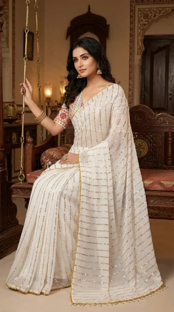 MODERN GEORGETTE SEQUENCE WORK WITH LACE BORDER WORK SAREE WITH UNSTITCHED BLOUSE OFF WHITE