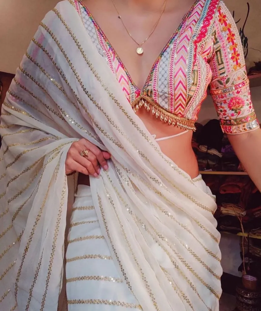 MODERN GEORGETTE SEQUENCE WORK WITH LACE BORDER WORK SAREE WITH UNSTITCHED BLOUSE PARTY WEAR WHOLESALE PRICE ETHNIC GARMENT (6)