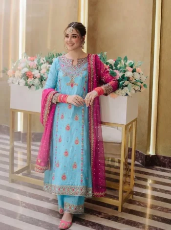 MODERN GEORGETTE SEQUENCE & ZARI THREAD EMBROIDERY WORK WITH PEARL WORK TOP PALAZZO WITH DUPATTA SKY