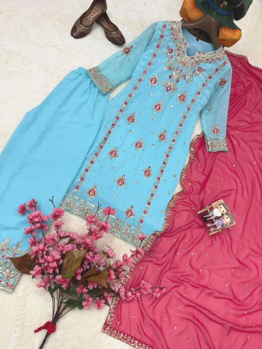 MODERN GEORGETTE SEQUENCE & ZARI THREAD EMBROIDERY WORK WITH PEARL WORK TOP PALAZZO WITH DUPATTA FESTIVE WEAR WHOLESALE PRICE ETHNIC GARMENT (17)