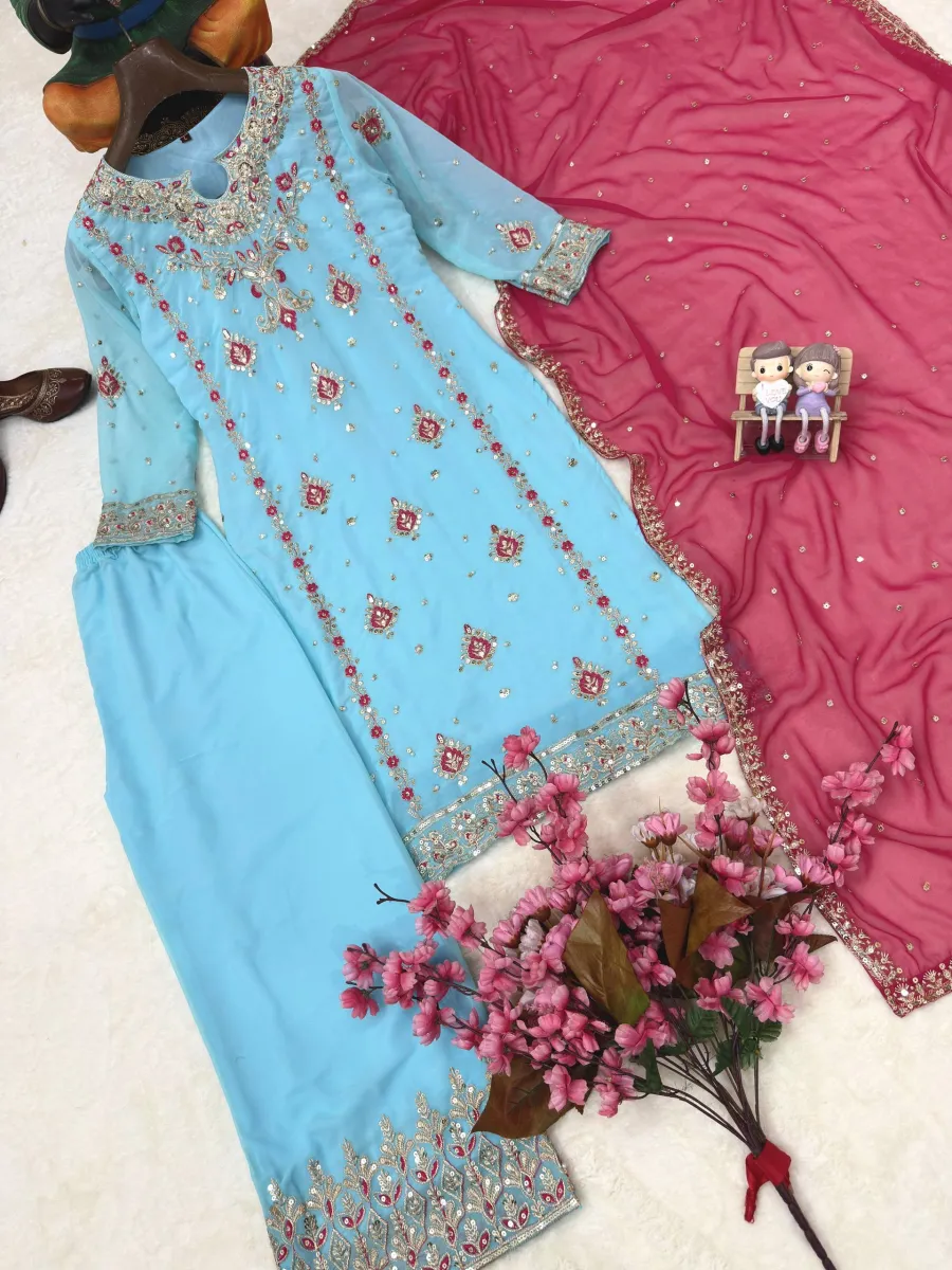 MODERN GEORGETTE SEQUENCE & ZARI THREAD EMBROIDERY WORK WITH PEARL WORK TOP PALAZZO WITH DUPATTA FESTIVE WEAR WHOLESALE PRICE ETHNIC GARMENT (18)