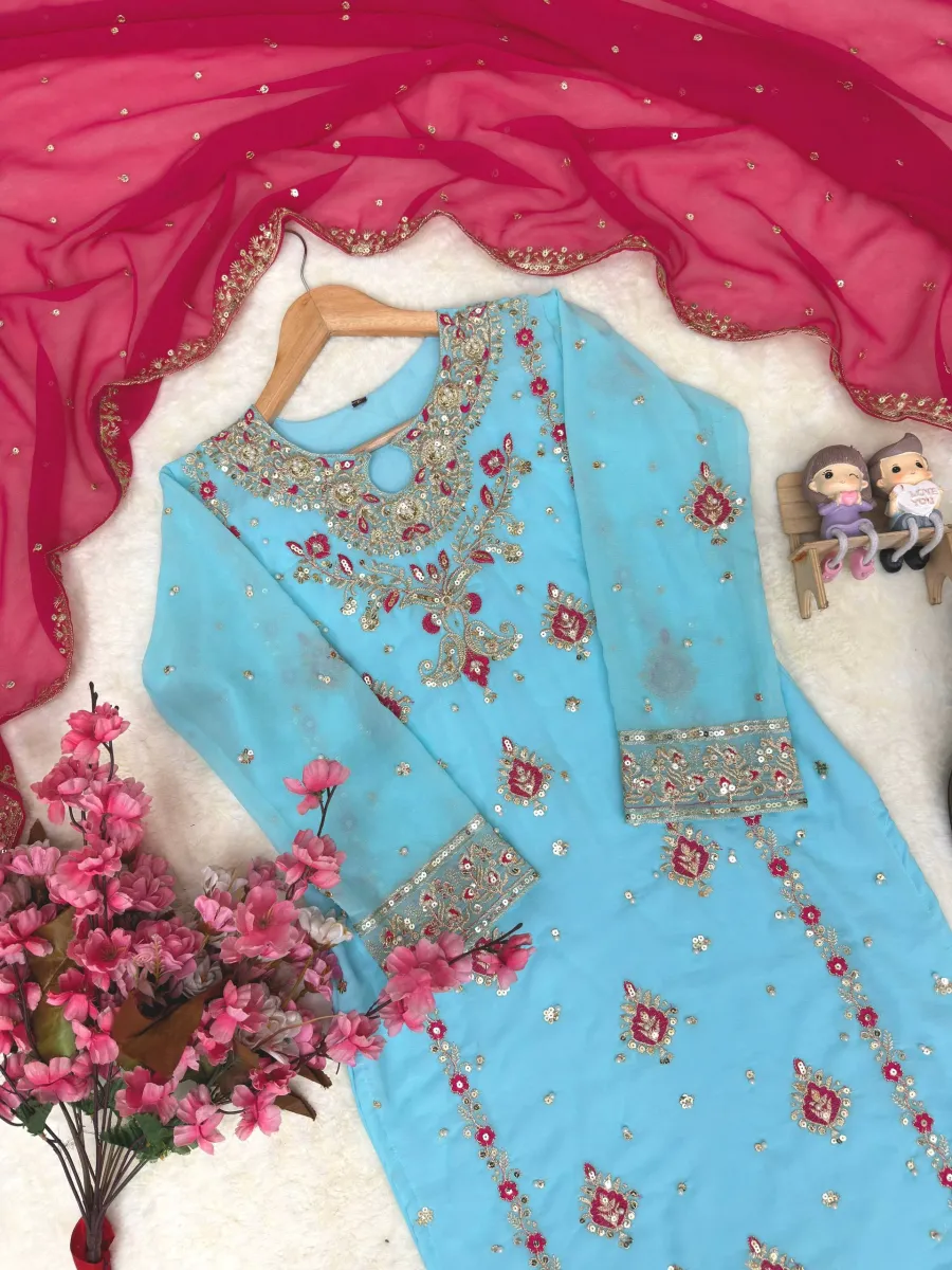 MODERN GEORGETTE SEQUENCE & ZARI THREAD EMBROIDERY WORK WITH PEARL WORK TOP PALAZZO WITH DUPATTA FESTIVE WEAR WHOLESALE PRICE ETHNIC GARMENT (19)