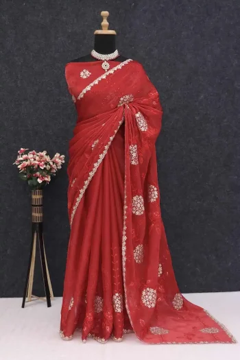 MODERN GMY CHIFFON SILK SEQUENCE WITH 2 ZARI & THREAD WORK SAREE WITH UNSTITCHED BLOUSE RED