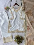 MODERN GMY SILK CODING WITH SEQUENCE EMBROIDERY WITH BEADS WORK TOP PALAZZO WITH DUPATTA WHITE