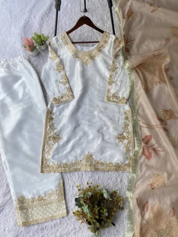 MODERN GMY SILK CODING WITH SEQUENCE EMBROIDERY WITH BEADS WORK TOP PALAZZO WITH DUPATTA WHITE