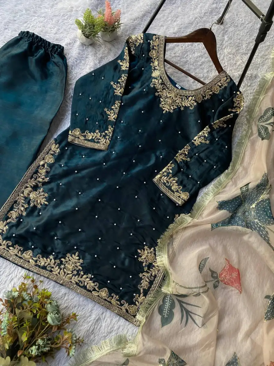 MODERN GMY SILK CODING WITH SEQUENCE EMBROIDERY WITH BEADS WORK TOP PALAZZO WITH DUPATTA FESTIVE WEAR WHOLESALE PRICE ETHNIC GARMENT (2)