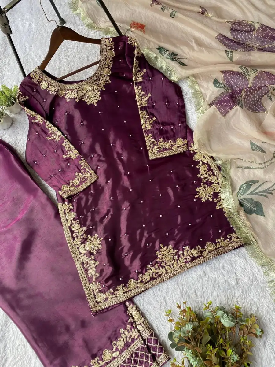 MODERN GMY SILK CODING WITH SEQUENCE EMBROIDERY WITH BEADS WORK TOP PALAZZO WITH DUPATTA FESTIVE WEAR WHOLESALE PRICE ETHNIC GARMENT (2)