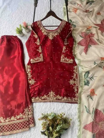 MODERN GMY SILK CODING WITH SEQUENCE EMBROIDERY WITH BEADS WORK TOP PALAZZO WITH DUPATTA MAROON