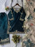 MODERN GMY SILK CODING WITH SEQUENCE EMBROIDERY WITH BEADS WORK TOP PALAZZO WITH DUPATTA TEAL
