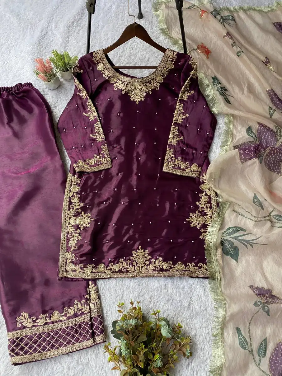 MODERN GMY SILK CODING WITH SEQUENCE EMBROIDERY WITH BEADS WORK TOP PALAZZO WITH DUPATTA FESTIVE WEAR WHOLESALE PRICE ETHNIC GARMENT (4)