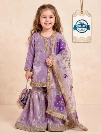 MODERN GMY SILK EMBROIDERY SEQUENCE WORK  KID'S TOP SHARARA WITH DUPATTA LAVENDER
