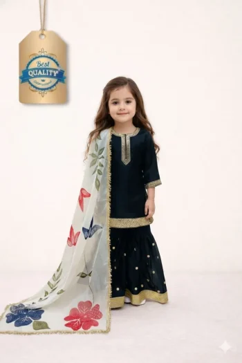 MODERN GMY SILK EMBROIDERY SEQUENCE WORK  KID'S TOP SHARARA WITH DUPATTA BLACK
