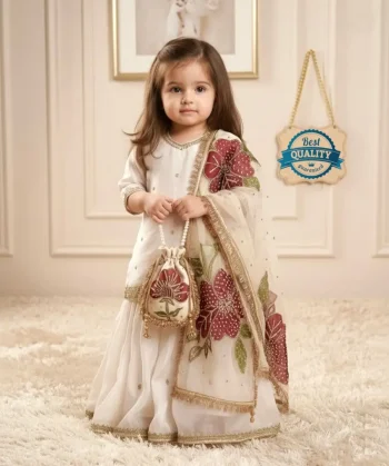 MODERN GMY SILK EMBROIDERY SEQUENCE WORK  KID'S TOP SHARARA WITH DUPATTA WHITE