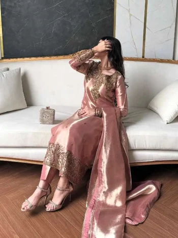 MODERN GMY SILK EMBROIDERY SEQUENCE WORK TOP BOTTOM WITH DUPATTA PEACH