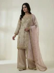 MODERN GMY SILK EMBROIDERY SEQUENCE WORK WITH READY MADE LACE BORDER WORK TOP PALAZZO WITH DUPATTA CREAM