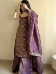 MODERN GMY SILK ORGANZA EMBROIDERY SEQUENCE WORK TOP PALAZZO WITH DUPATTA PURPLE
