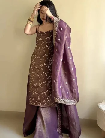 MODERN GMY SILK ORGANZA EMBROIDERY SEQUENCE WORK TOP PALAZZO WITH DUPATTA PURPLE