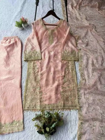 MODERN GMY SILK SEQUENCE EMBROIDERY WORK TOP PALAZZO WITH DUPATTA PEACH