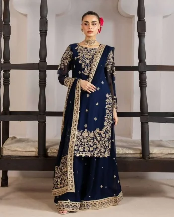 MODERN GMY SILK SEQUENCE EMBROIDERY WORK TOP PALAZZO WITH DUPATTA NAVY BLUE