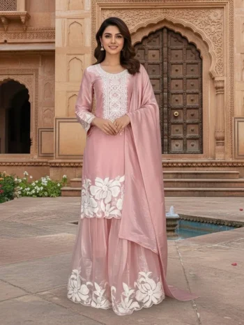 MODERN GMY SILK SEQUENCE EMBROIDERY WORK TOP SHARARA WITH DUPATTA BABY PINK