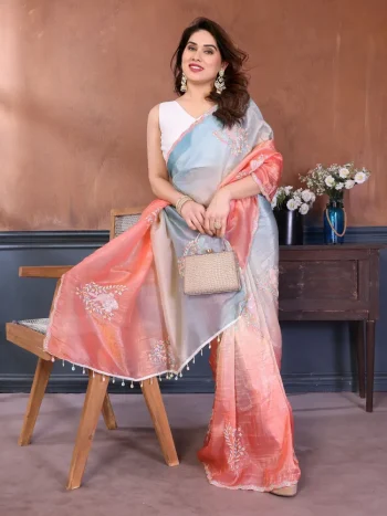 MODERN GOLD CRUSH SILK PADDING  WITH EMBROIDERY  WORK  SAREE WITH UNSTITCHED BLOUSE SKY AND PEACH